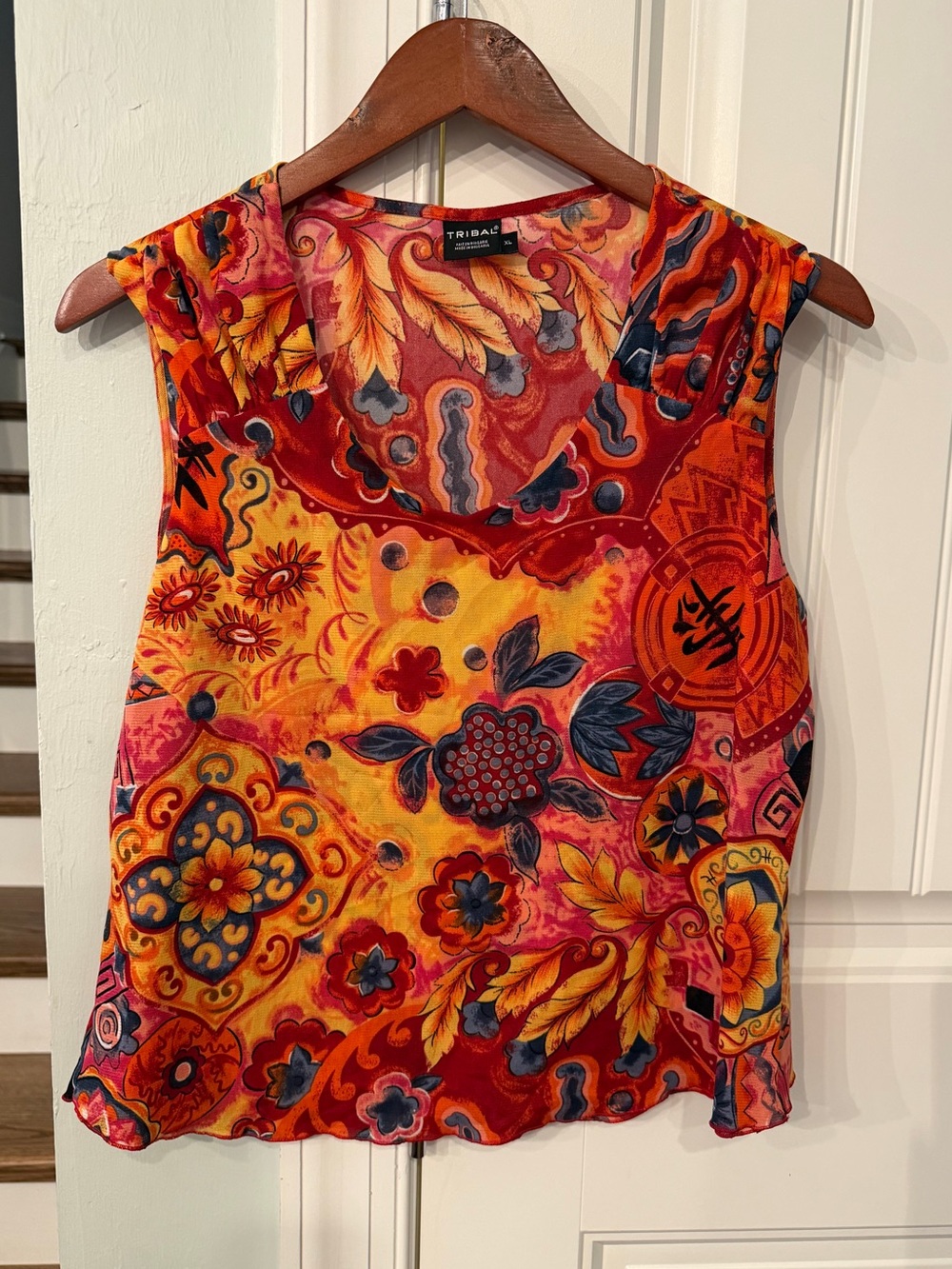 Tribal Sleeveless Boho Floral Paisley Top Womens XL Orange Red VNeck Lightweight